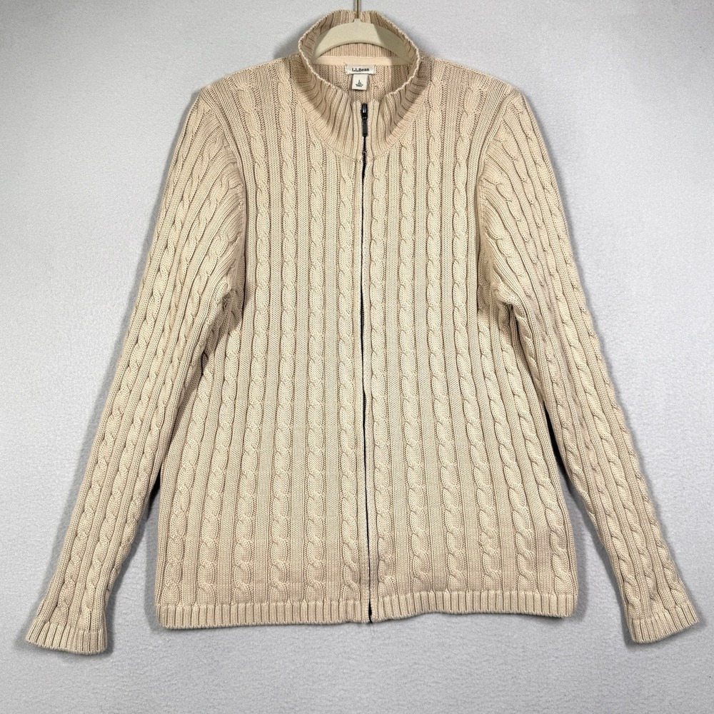 LL Bean Sweater Womens Large Cable Knit Full Zip Cardigan Cotton Beige Preppy